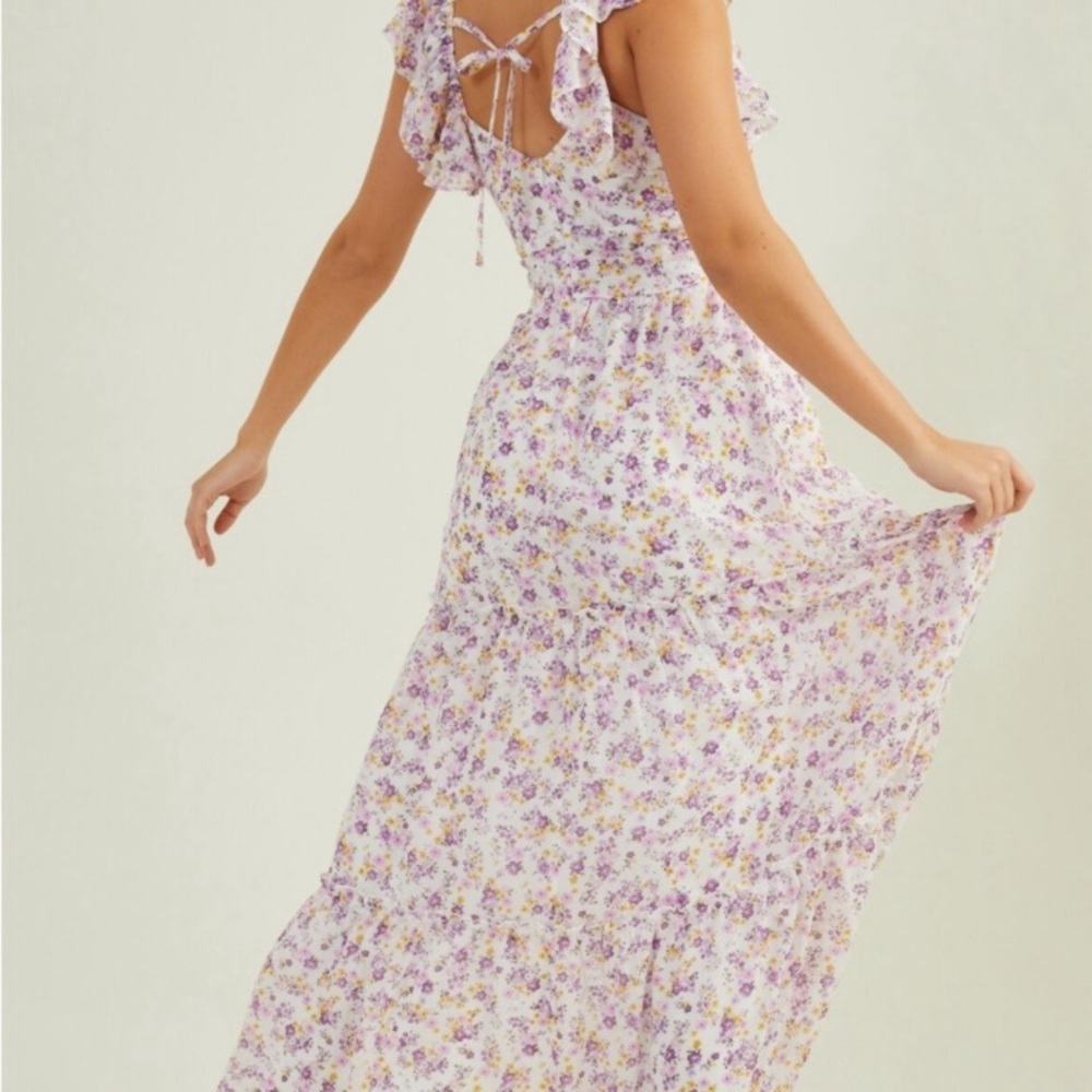 Arula Annie Purple Yellow Floral Maxi Dress With Ruffle Flutter Straps Tiered 14 — image 2 of 8